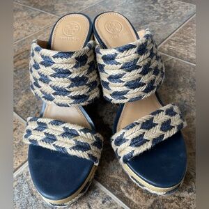 Tory Burch Lola Platform Woven Jute Leather Chunky Slide Sandals- Blue, Size 9.5